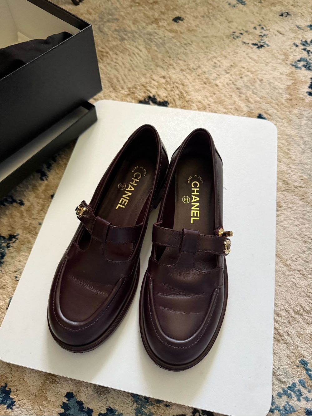 CHANEL Burgundy Leather Loafers with Gold CC Accent